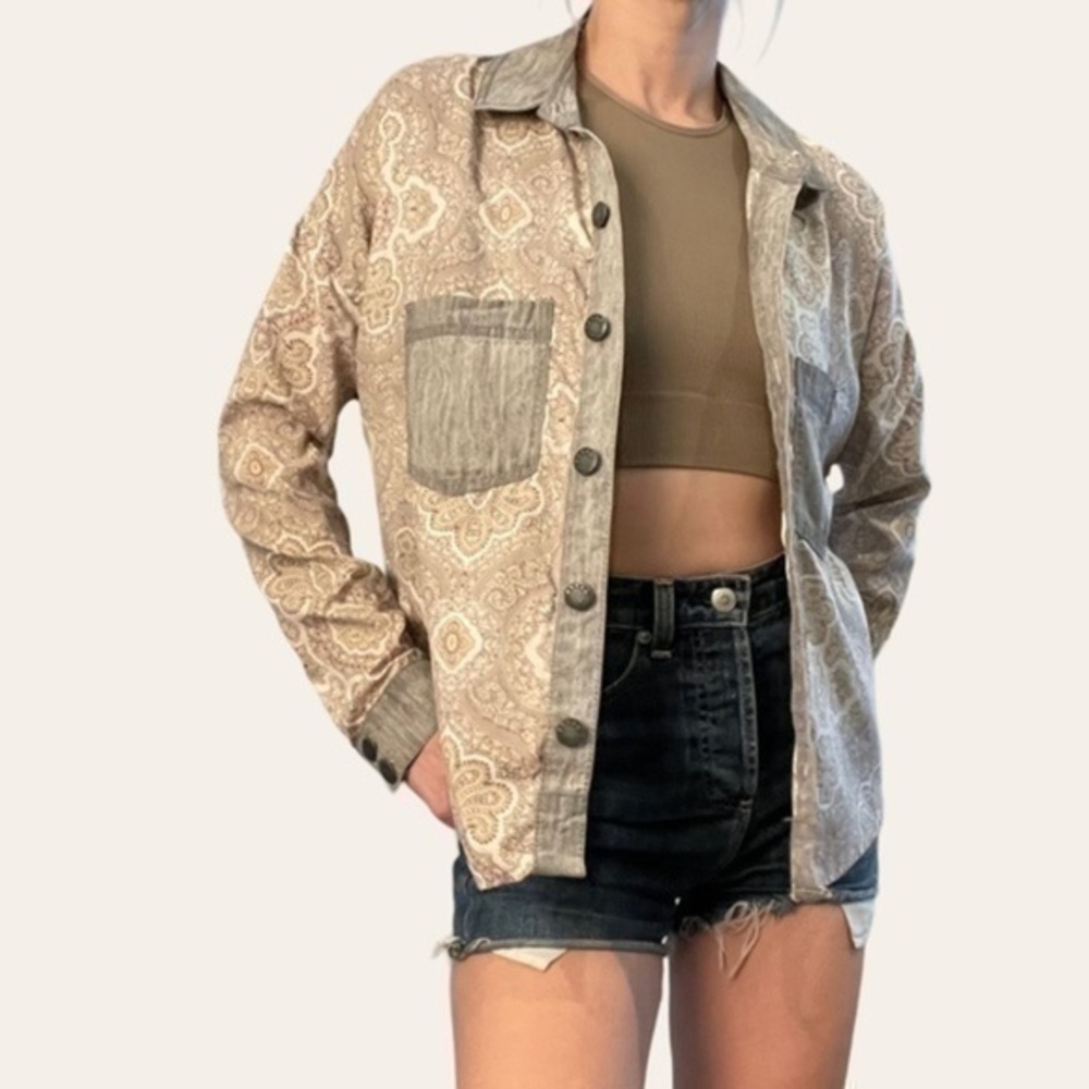 Free People Patterned Aged Denim Button Up - image 1